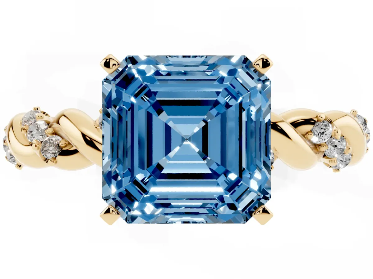 Fancy Blue Asscher Cut Diamond Solitaire Ring with Twisted Band and Pavé Accents Yellow gold