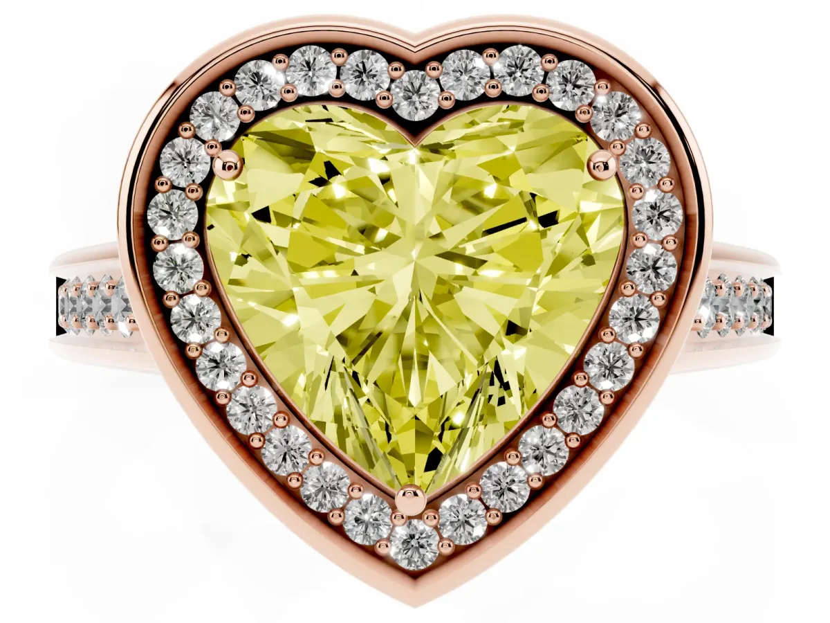 Fancy Yellow Heart Cut Halo Solitaire Diamond Ring with Pave Band and Bezel Setting Rose gold