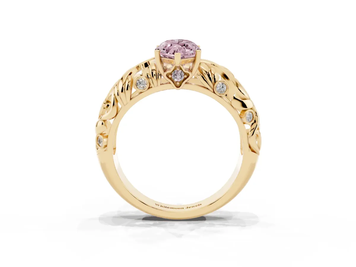 Fancy Pink Marquise Cut Solitaire Diamond Leaf-Inspired Vine Band Ring with Prong Setting Yellow gold