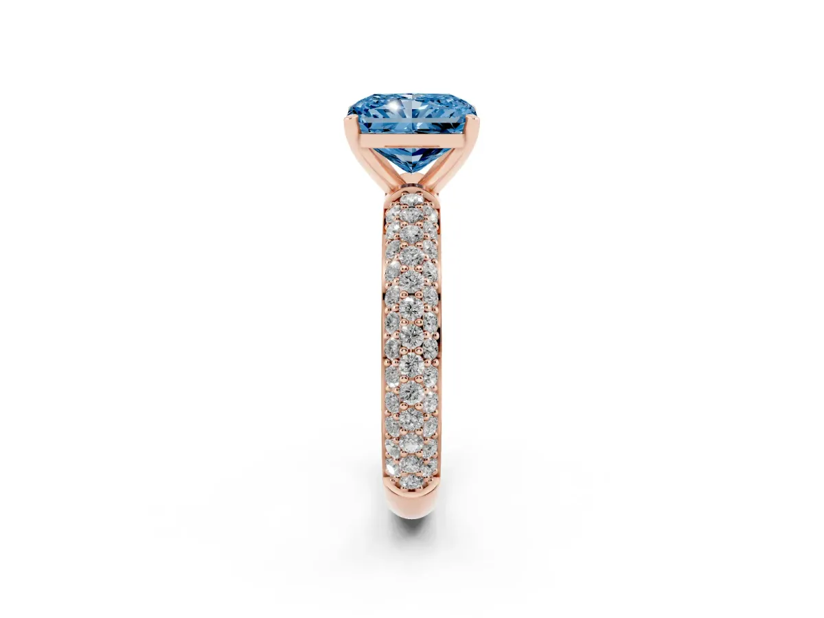 Fancy Blue Radiant Cut Diamond Solitaire Ring with Prong Setting and Pavé Band Rose gold