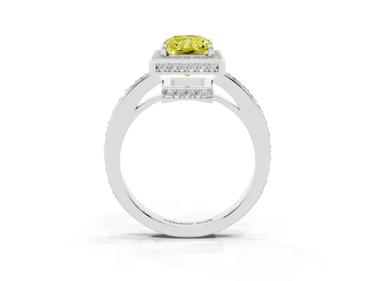 Fancy Yellow Radiant Cut Halo Pave Band Solitaire Ring with Prong Setting Silver