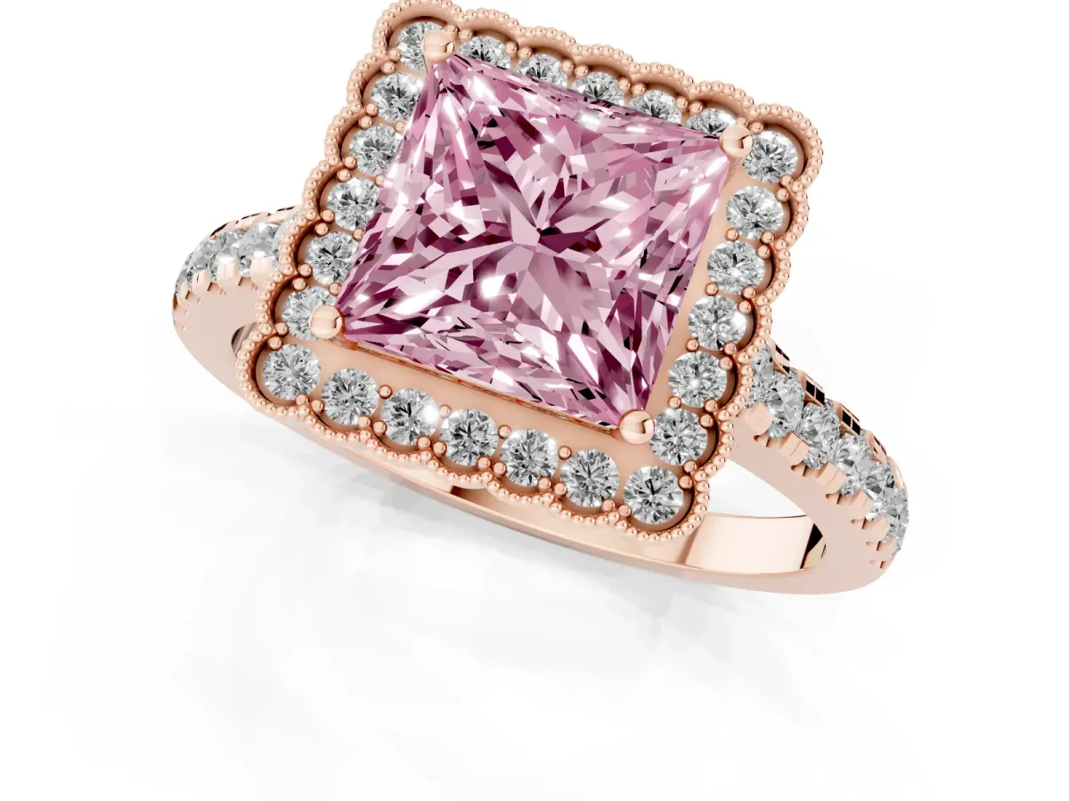 Fancy Pink Princess Cut Cut Diamond Milgrain Floral Halo Engagement Ring with Pavé Band Rose gold
