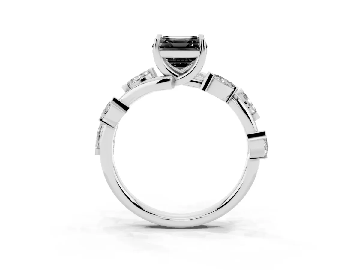Fancy Black Asscher Cut Solitaire Twisted Band Marquise Accent Prong Setting Ring Platinum
