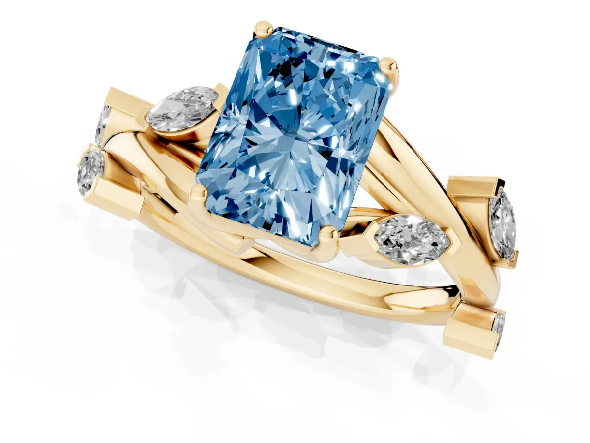 Fancy Blue Radiant Cut Solitaire Twisted Band Marquise Accent Prong Setting Ring Yellow gold
