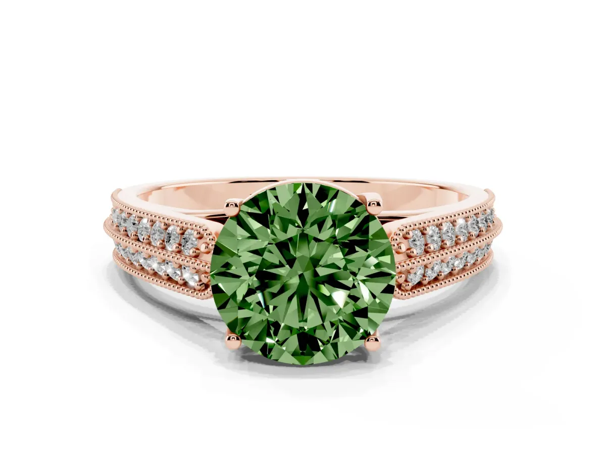 Fancy Green Round Cut Cut Pave Split Shank Engagement Ring with Four-Prong Setting Rose gold