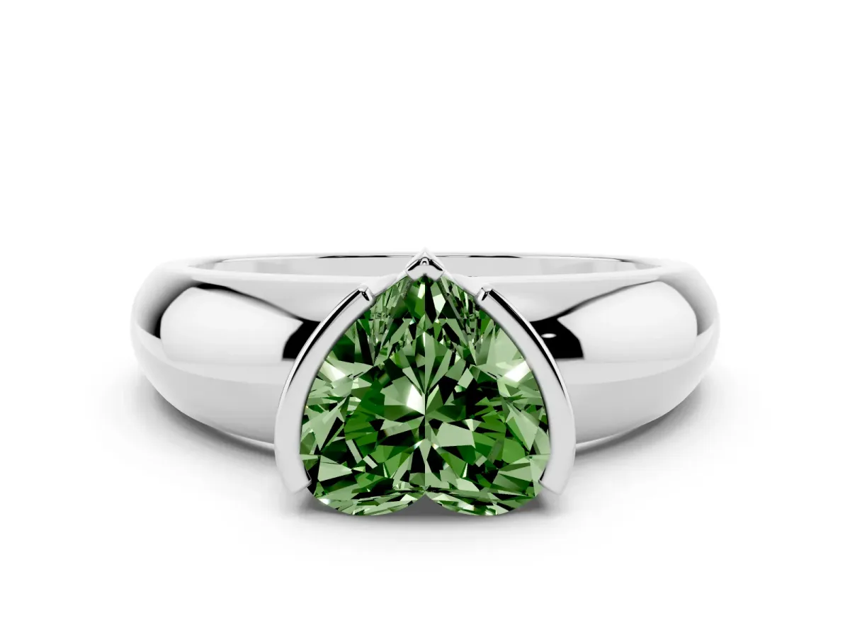 Fancy Green Heart Cut Solitaire Tension Set Diamond Ring with Wide Band White gold