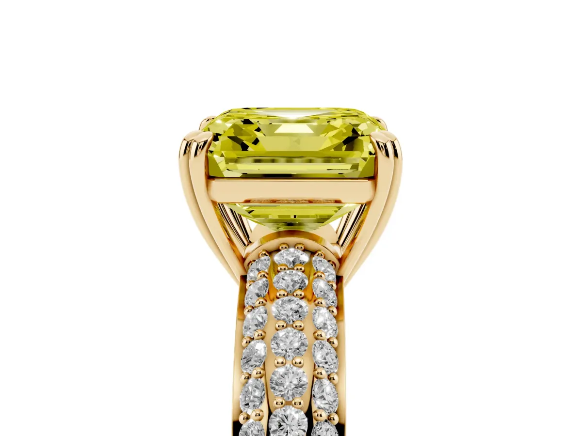 Fancy Yellow Asscher Cut Diamond Solitaire Ring with Multi-Row Round Pavé Band and Prong Setting Yellow gold
