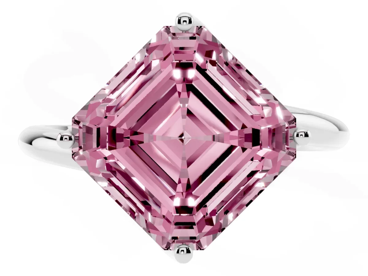 Fancy Pink Asscher Cut Diamond Solitaire Engagement Ring with Four-Prong Setting and Classic Band Platinum