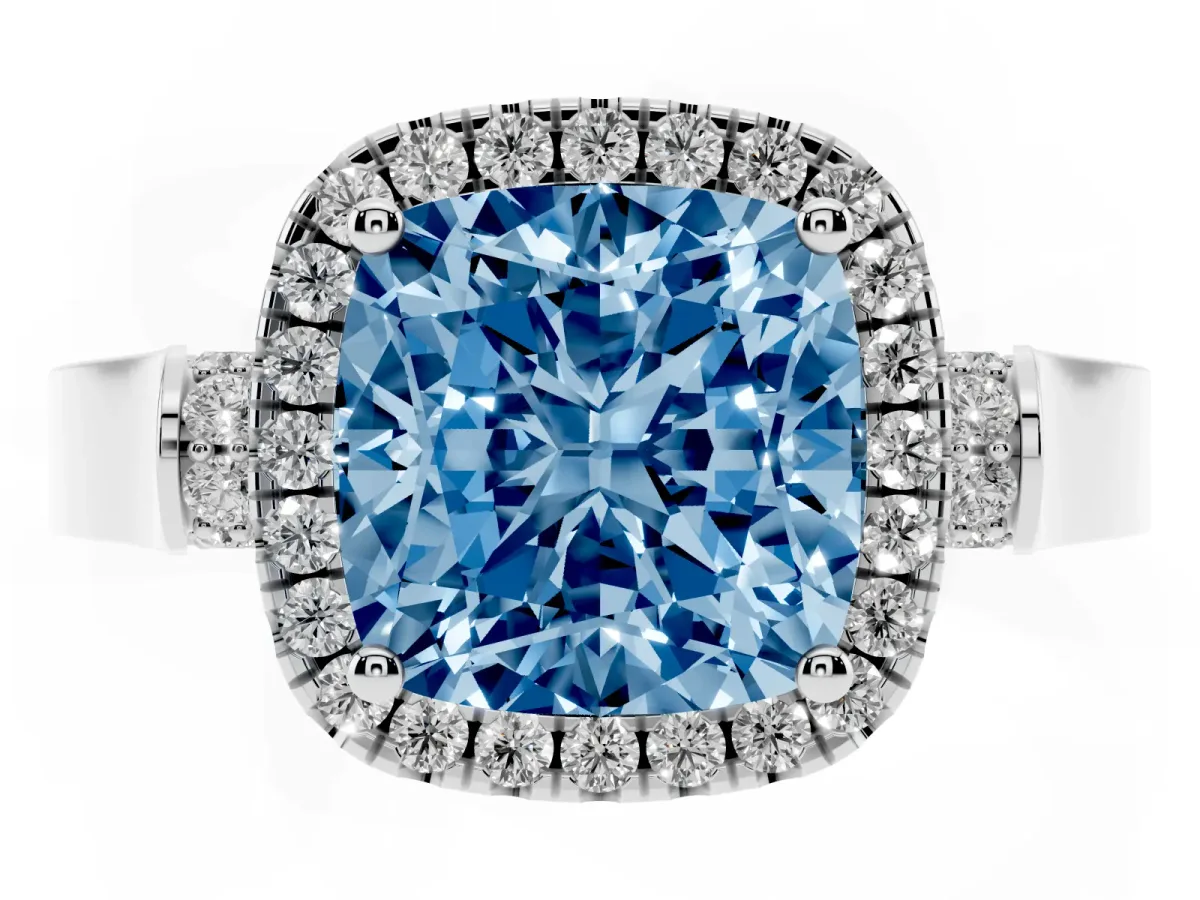 Fancy Blue Cushion Cut Halo Pave Split Shank Prong Setting Ring Silver