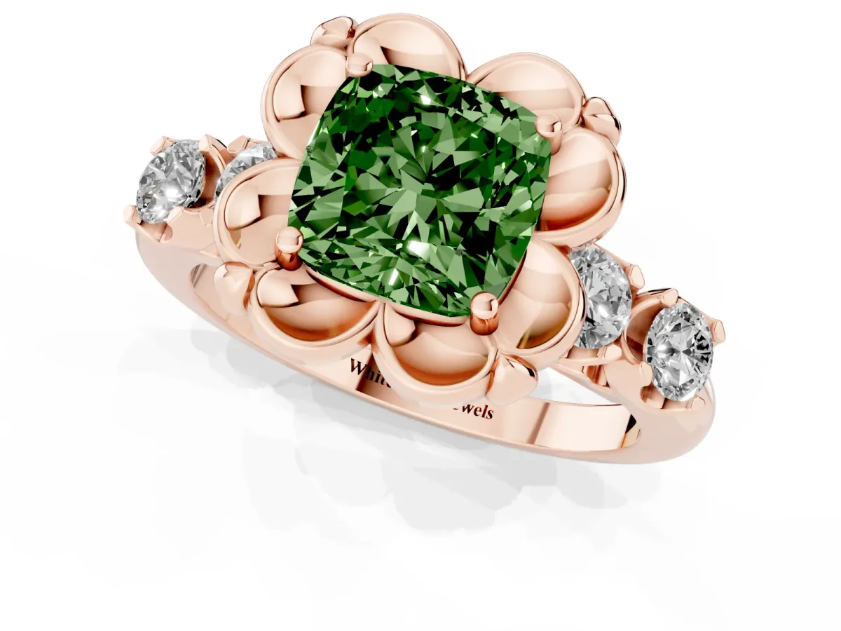 Fancy Green Cushion Cut Cut Diamond Floral Halo Engagement Ring with Shared Prong Setting Rose gold