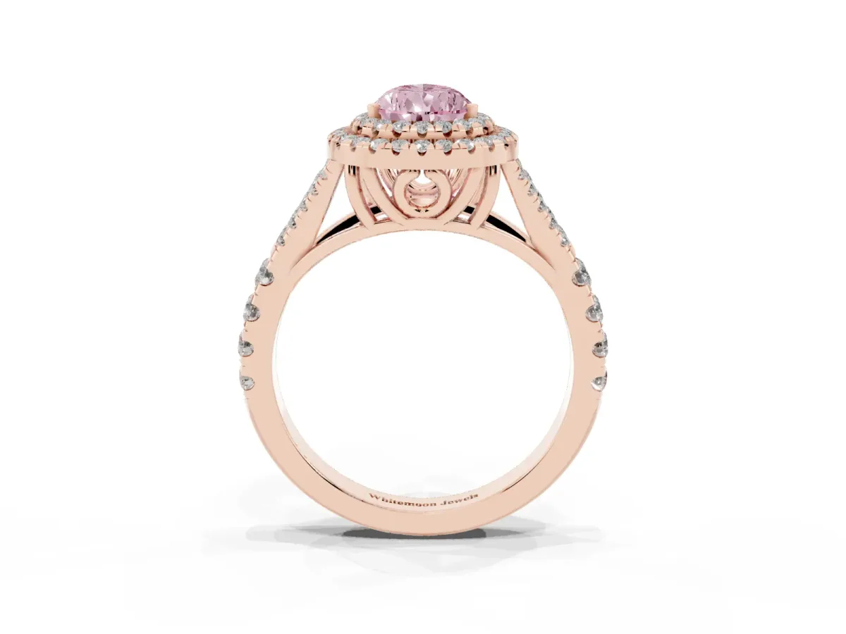 Fancy Pink Pear Cut Diamond Pavé Split Shank Double Halo Engagement Ring Rose gold