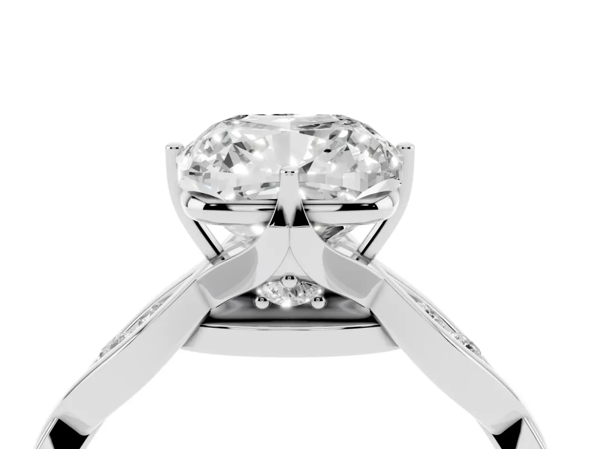 Cushion Cut Solitaire Twist Band with Leaf Prong Setting White gold