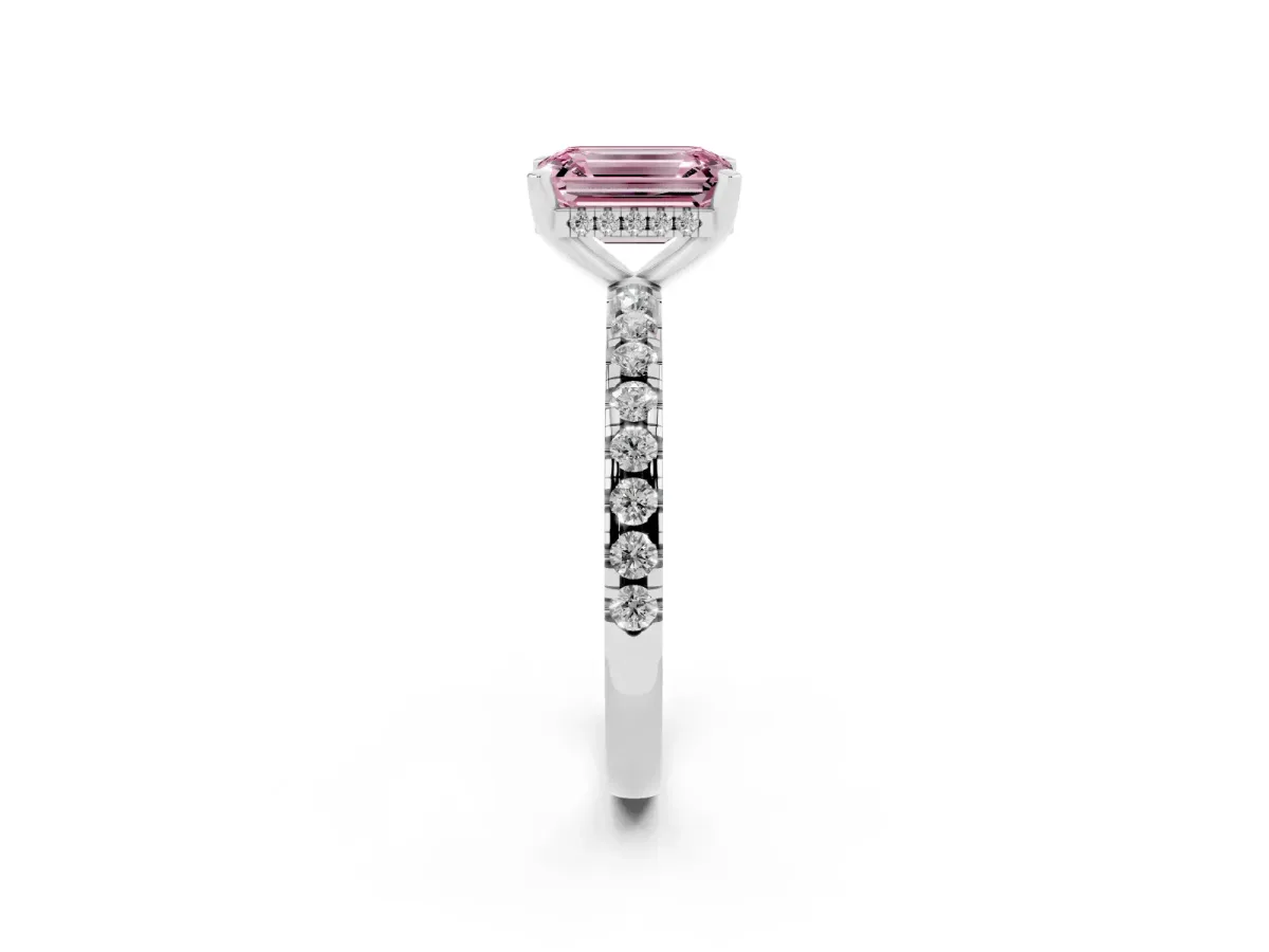 Fancy Pink Emerald Cut Diamond Solitaire Ring with Round Pavé Band and Four-Prong Setting Silver