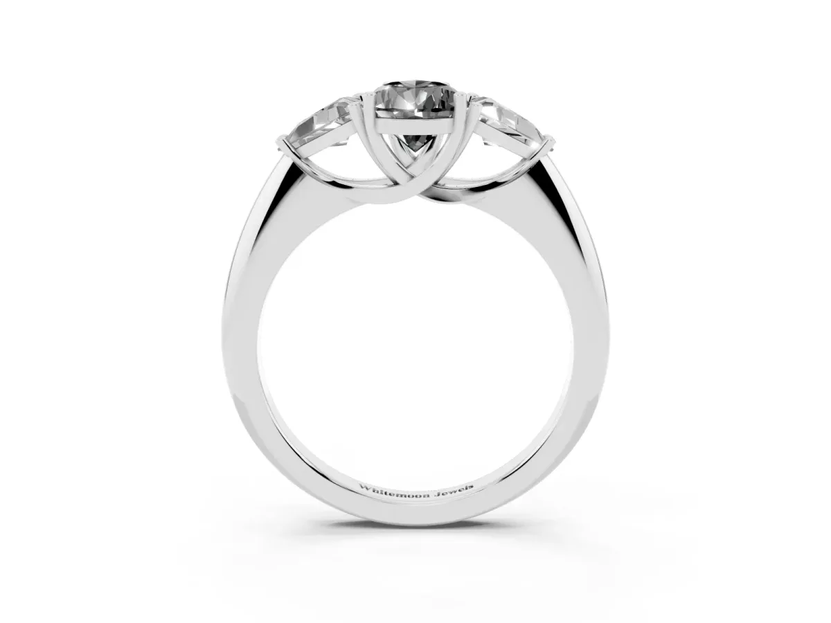 Fancy Black Three-Stone Pear Cut Diamond Engagement Ring with Trillion Side Stones and Prong Setting Silver