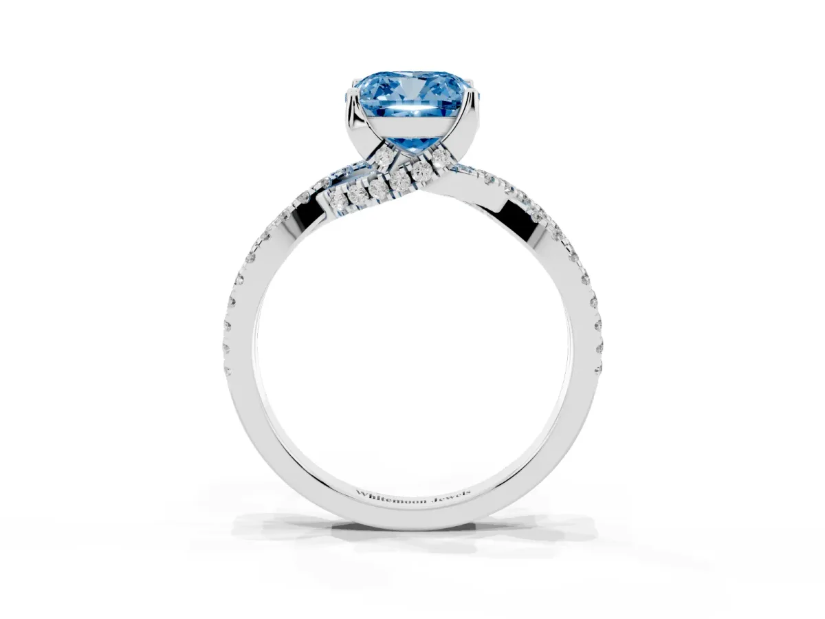 Fancy Blue Cushion Cut Solitaire Twist Pave Diamond Engagement Ring with Prong Setting Silver