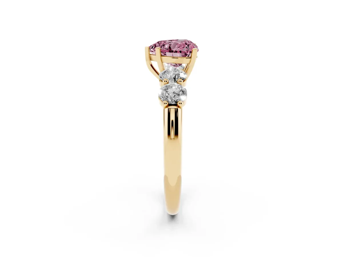 Fancy Pink Heart Cut Cut Five-Stone Prong Set Diamond Ring with Classic Band Yellow gold