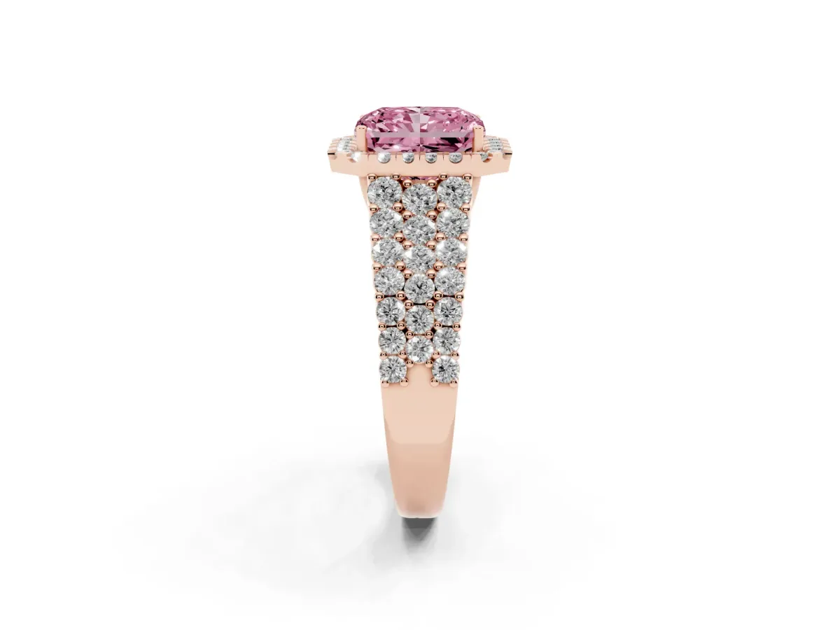 Fancy Pink Radiant Cut Diamond Halo Engagement Ring with Triple Row Round Pavé Band and Prong Setting Rose gold
