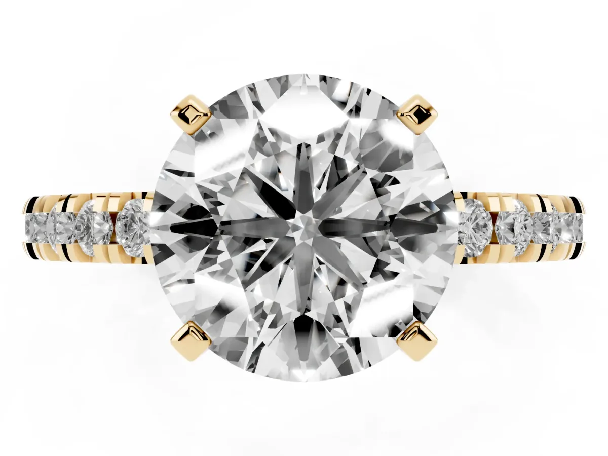 Round Cut Diamond Pavé Band Solitaire with Four-Prong Setting Yellow gold