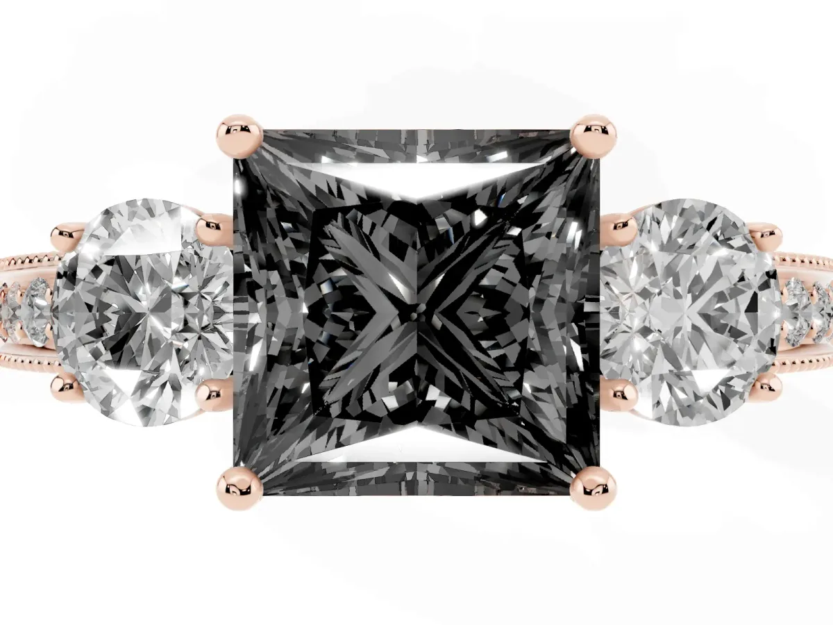 Fancy Black Princess Cut Three-Stone Diamond Ring with Pavé Band and Four-Prong Setting Rose gold