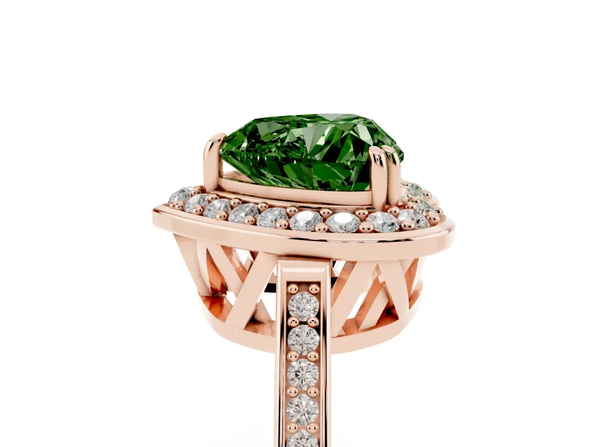 Fancy Green Heart Cut Diamond Halo Ring with Split Shank and Four-Prong Setting Rose gold
