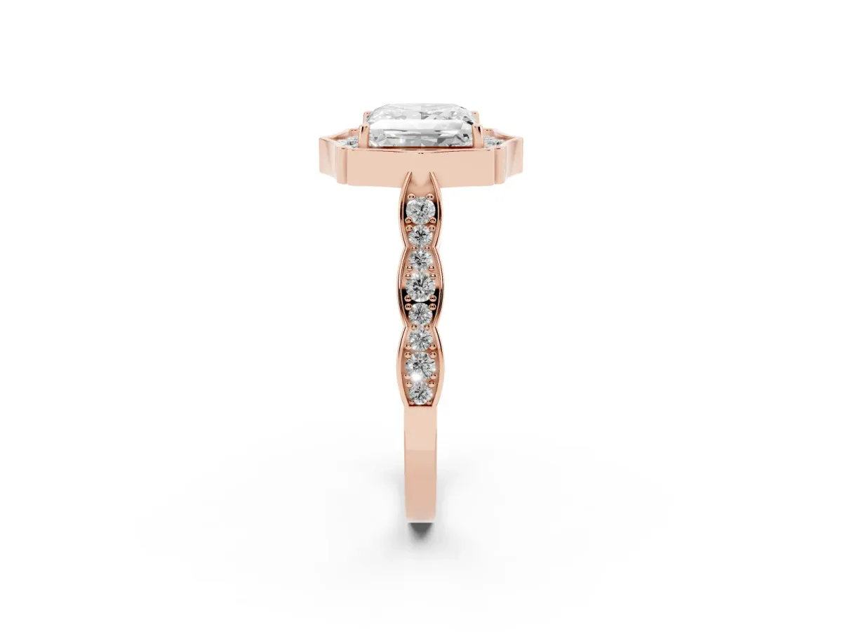Princess Cut Halo Diamond Engagement Ring with Milgrain Band and Four-Prong Setting Rose gold