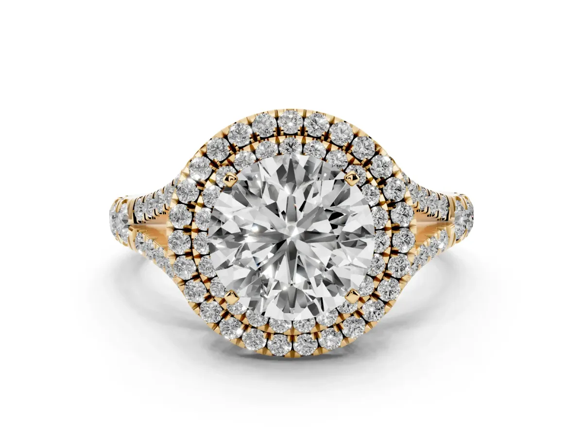 Round Cut Diamond Pavé Split Shank Double Halo Engagement Ring Yellow gold