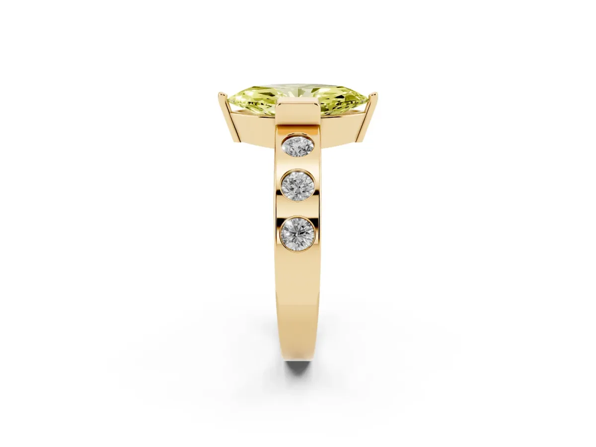 Fancy Yellow Marquise Cut Brilliant Channel-Set Diamond Ring with Bezel Prong Setting Yellow gold