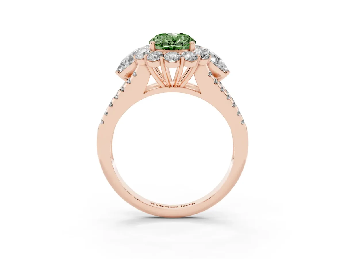 Fancy Green Oval Cut Halo Split Shank Diamond Engagement Ring with Prong Setting Rose gold