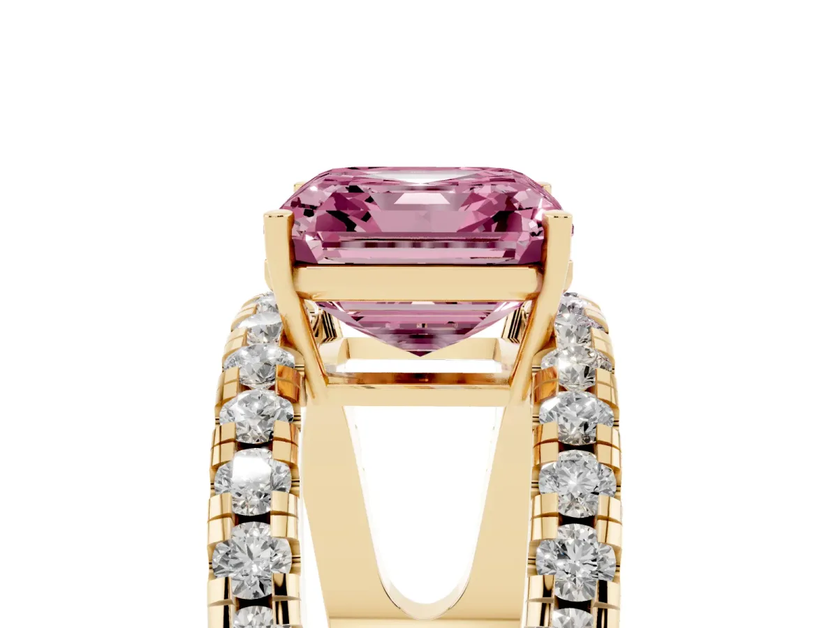 Fancy Pink Asscher Cut Solitaire Split Shank Pave Diamond Ring Yellow gold