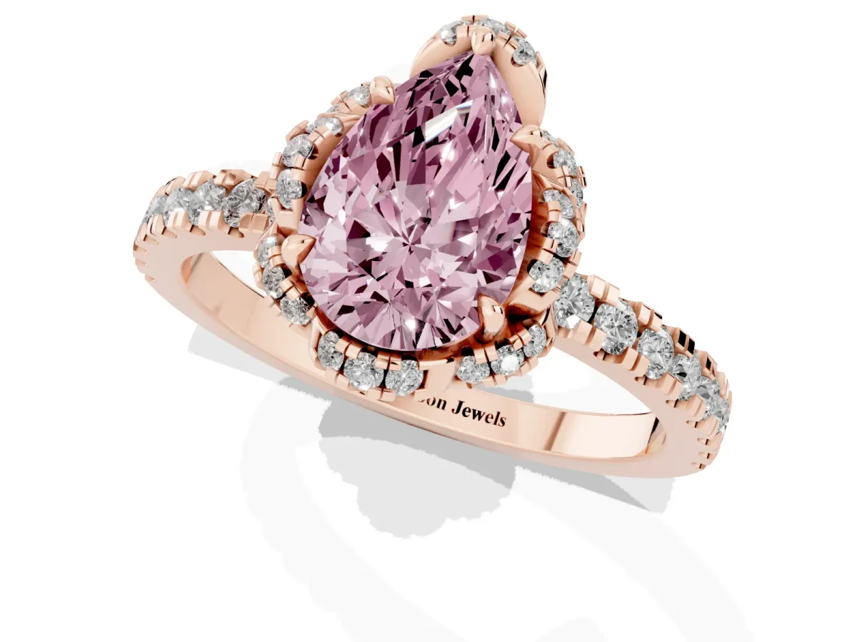 Fancy Pink Pear Cut Halo Diamond Pave Band Ring with Four-Prong Setting Rose gold