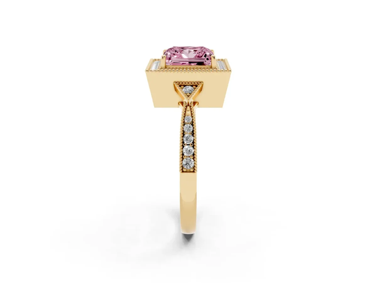 Fancy Pink Princess Cut Halo Round Diamond Milgrain Pave Engagement Ring Yellow gold