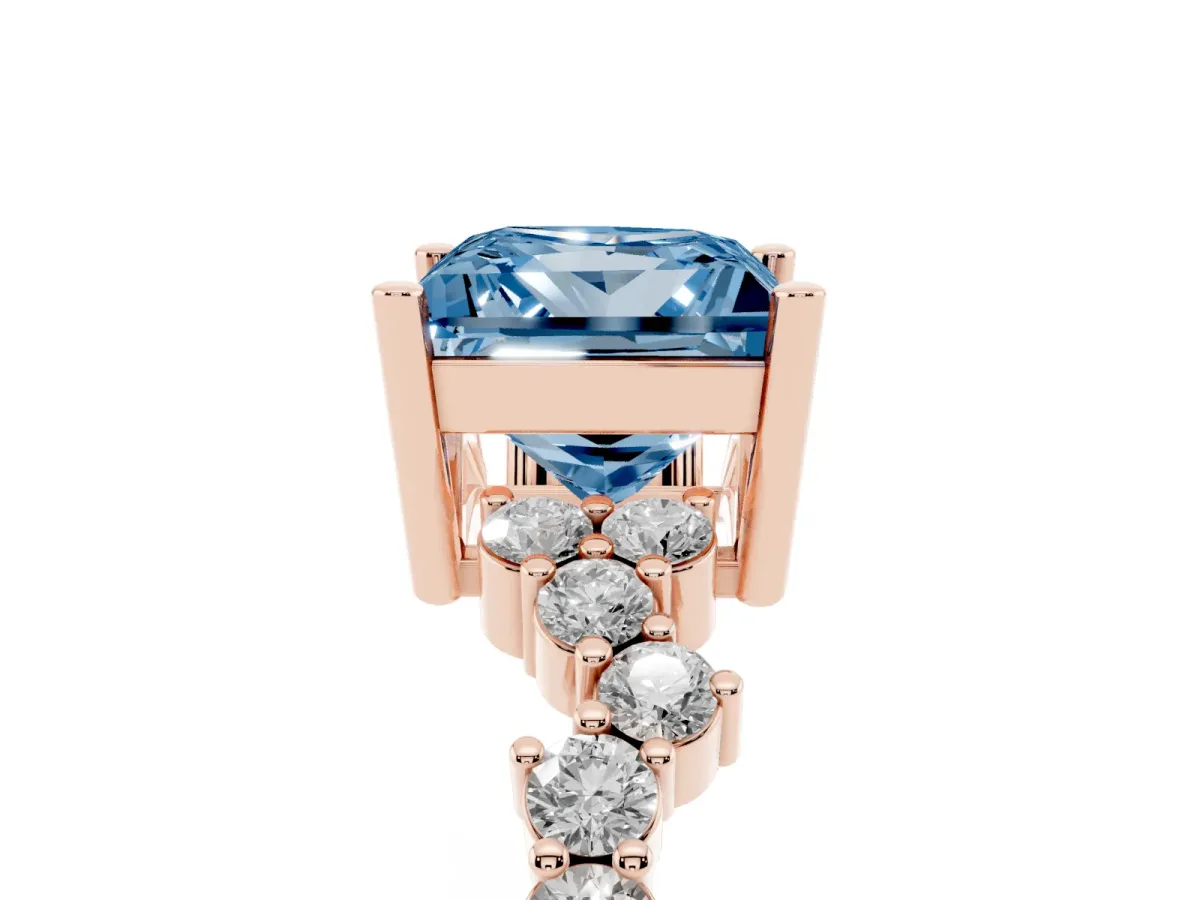 Fancy Blue Princess Cut Diamond Scattered Round Accent Ring with Prong Setting Rose gold