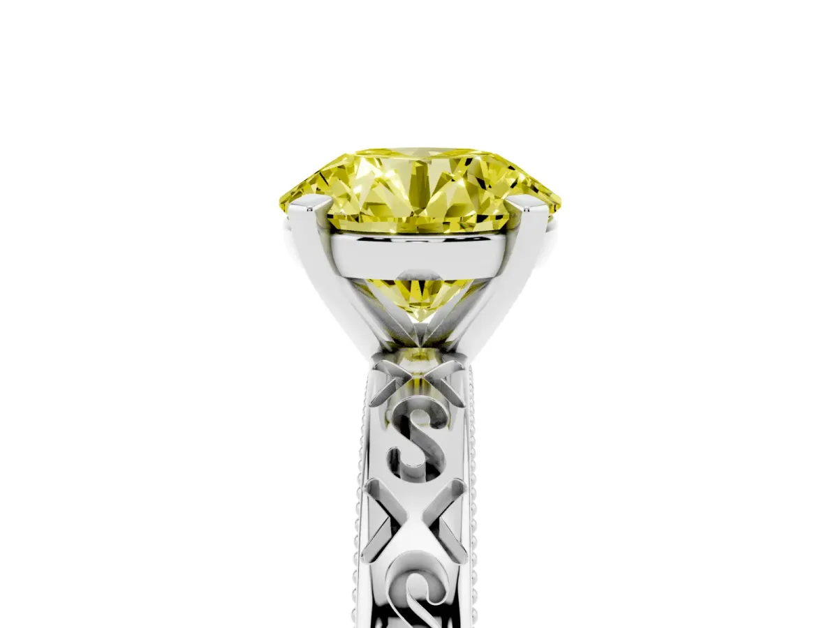 Fancy Yellow Round Cut Solitaire Engagement Ring with Scrollwork Band and Four-Prong Setting Silver