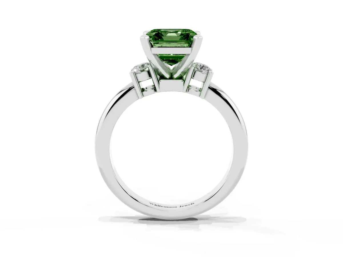 Fancy Green Three-Stone Asscher Cut Cut Diamond Solitaire with Prong Setting and Classic Band Silver
