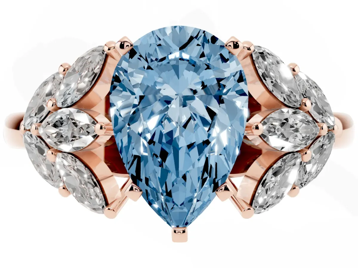 Fancy Blue Pear Cut Diamond Cluster Leaf Design Ring with Prong Setting Rose gold