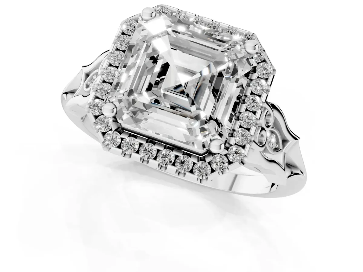Asscher Cut Halo Diamond Engagement Ring with Filigree Band and Four-Prong Setting Platinum