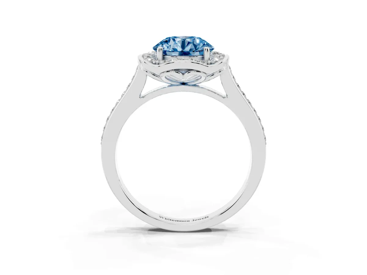 Fancy Blue Round Cut Halo Round Diamond Pave Band with Four-Prong Setting Silver