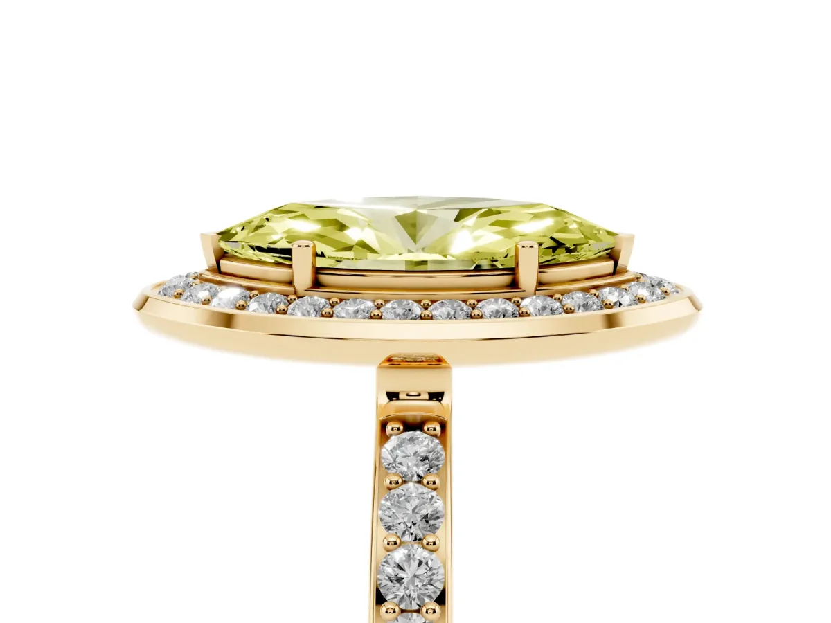 Fancy Yellow Marquise Cut Diamond Halo Ring with Bezel Frame and Pavé Band Yellow gold