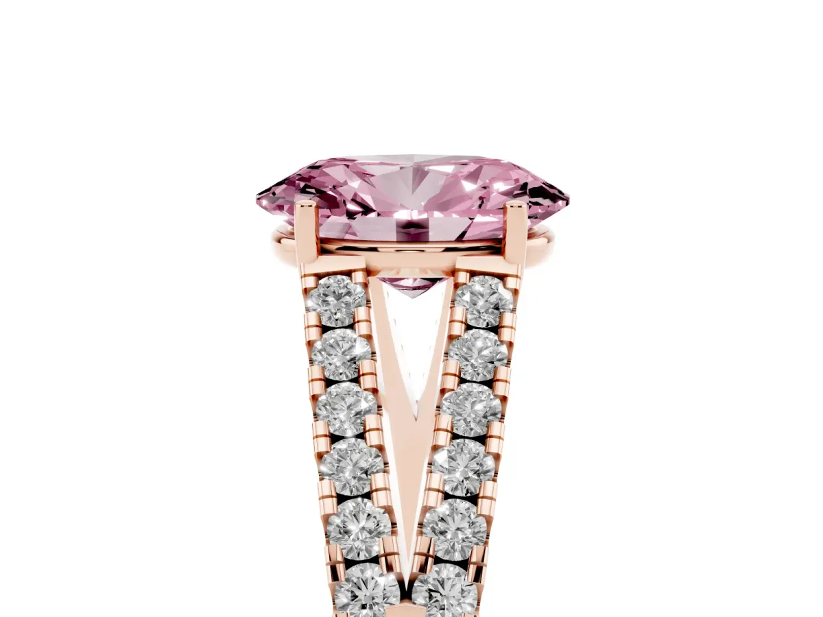 Fancy Pink Oval Cut Diamond Split Shank Pavé Engagement Ring with Four-Prong Setting Rose gold