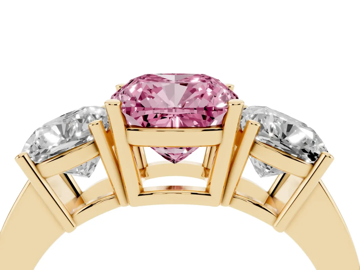 Fancy Pink Three-Stone Cushion Cut Cut Diamond Engagement Ring with Flat Band and Four-Prong Setting Yellow gold