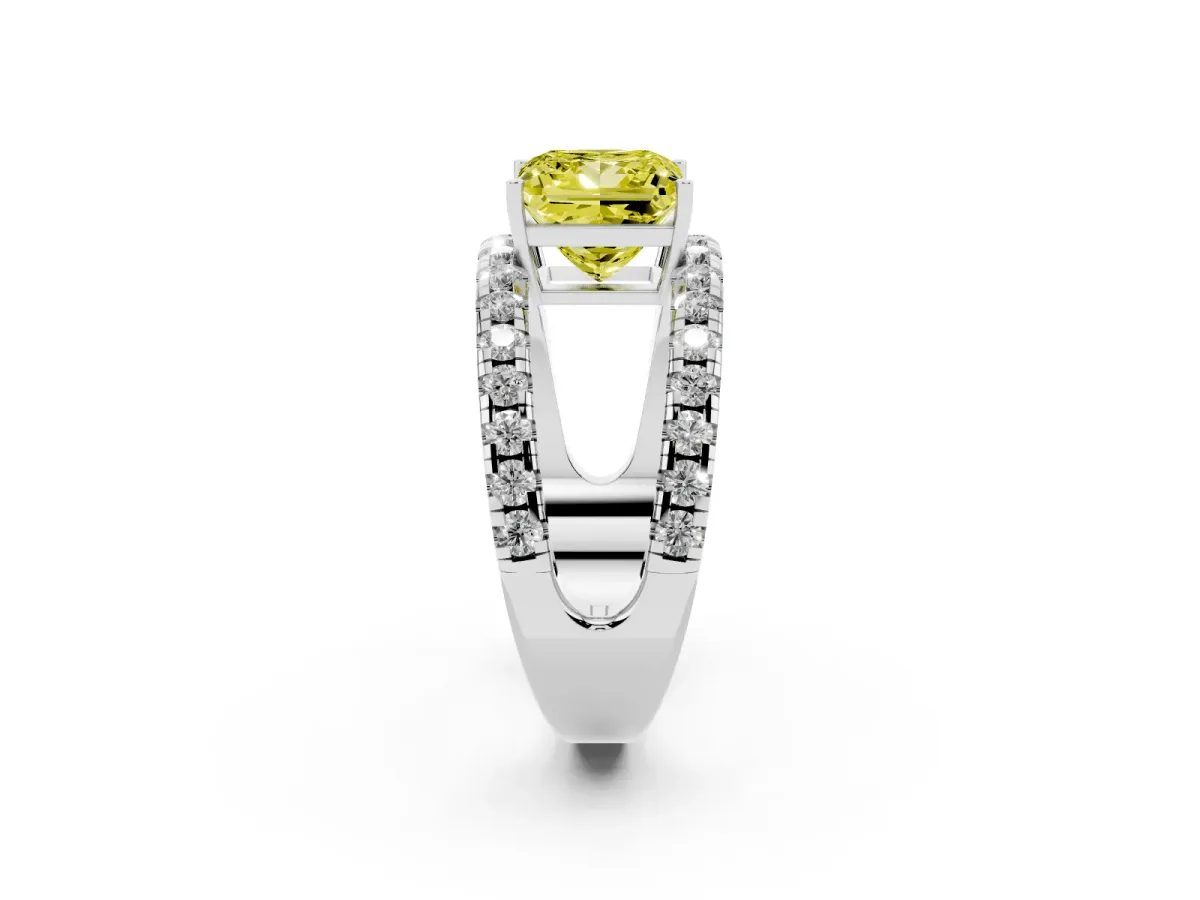 Fancy Yellow Princess Cut Solitaire Split Shank Pave Diamond Ring Silver
