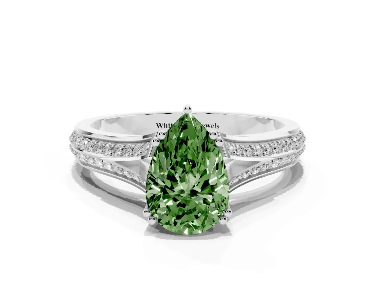 Fancy Green Pear Cut Diamond Split Shank Engagement Ring with Pavé Band Silver