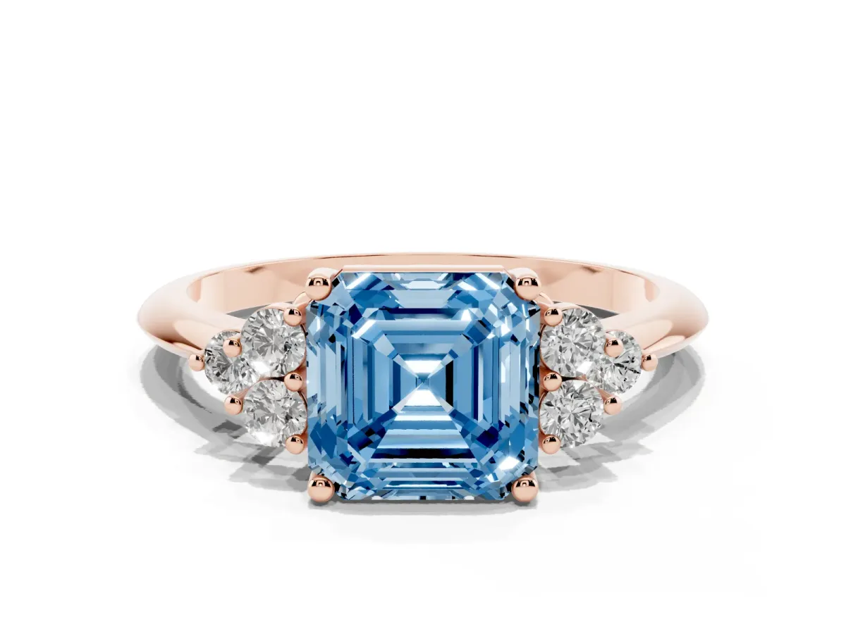 Fancy Blue Asscher Cut Cut Diamond Cluster Ring with Solitaire Band and Four-Prong Setting Rose gold