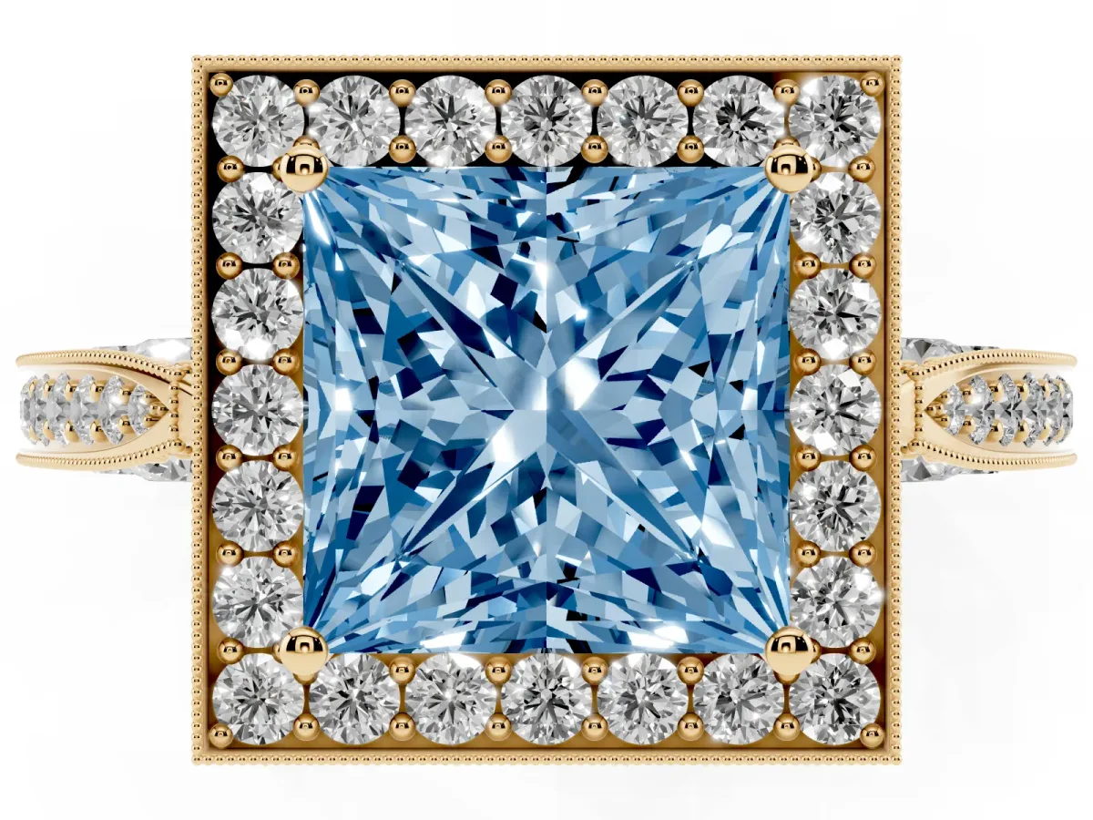 Fancy Blue Princess Cut Halo Diamond Engagement Ring with Split Shank Band and Four-Prong Setting Yellow gold