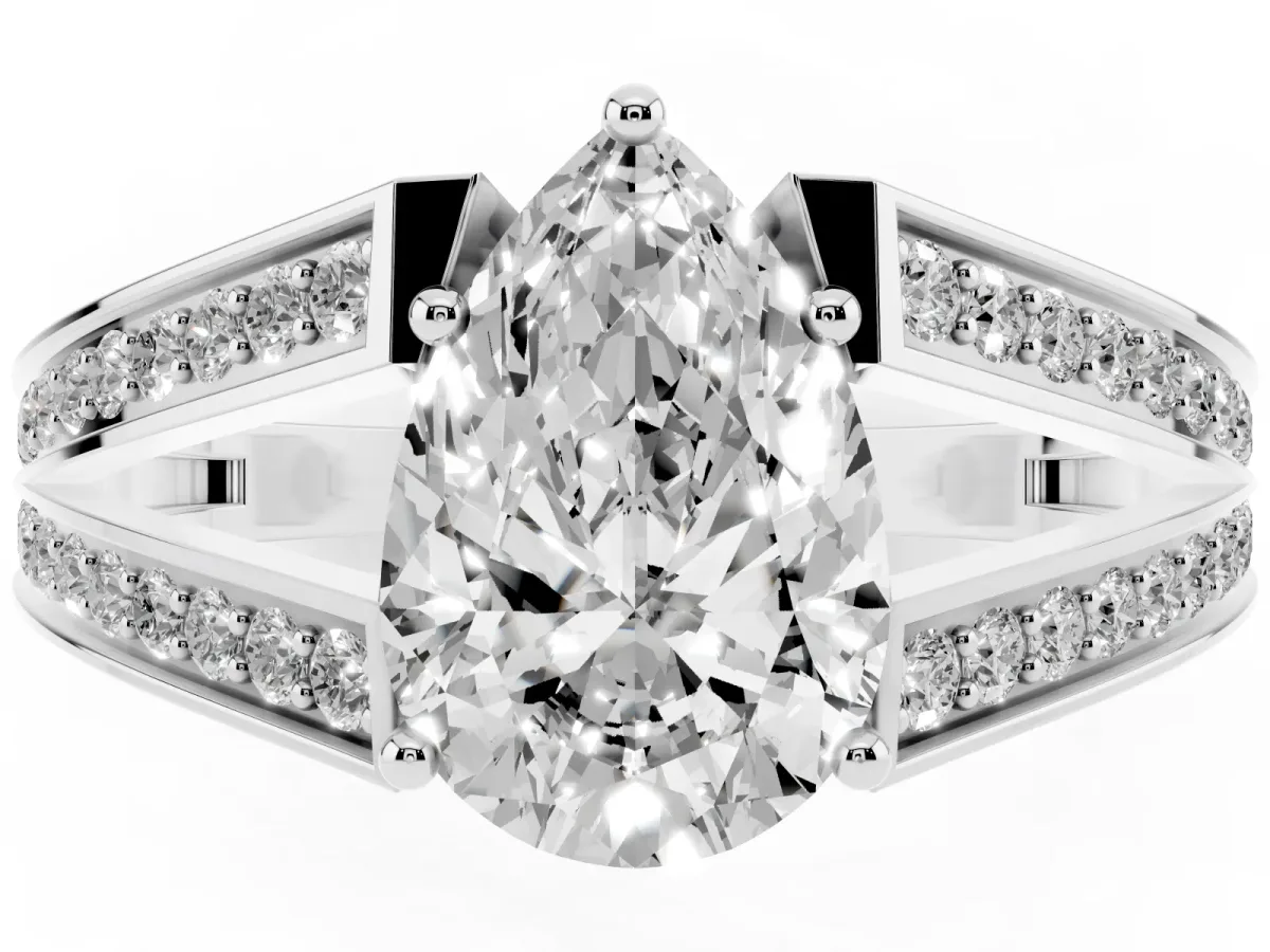 Pear Cut Diamond Split Shank Ring with Pavé Band and Four-Prong Setting White gold