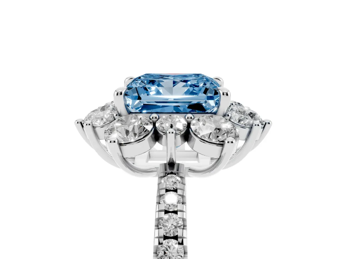 Fancy Blue Princess Cut Diamond Floral Halo Ring with Round Pavé Band and Prong Setting White gold