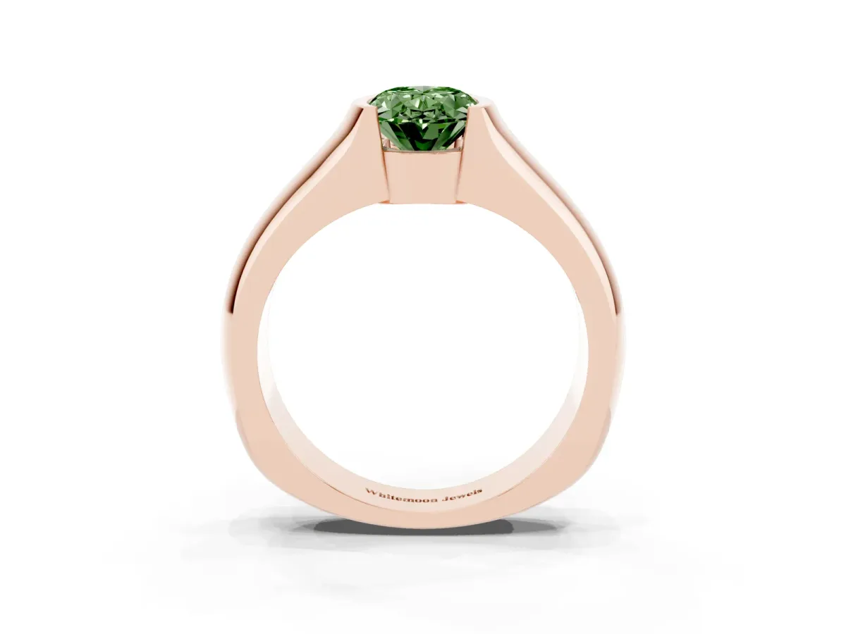 Fancy Green Oval Cut Solitaire Bezel Set Diamond Ring with Wide Band Rose gold