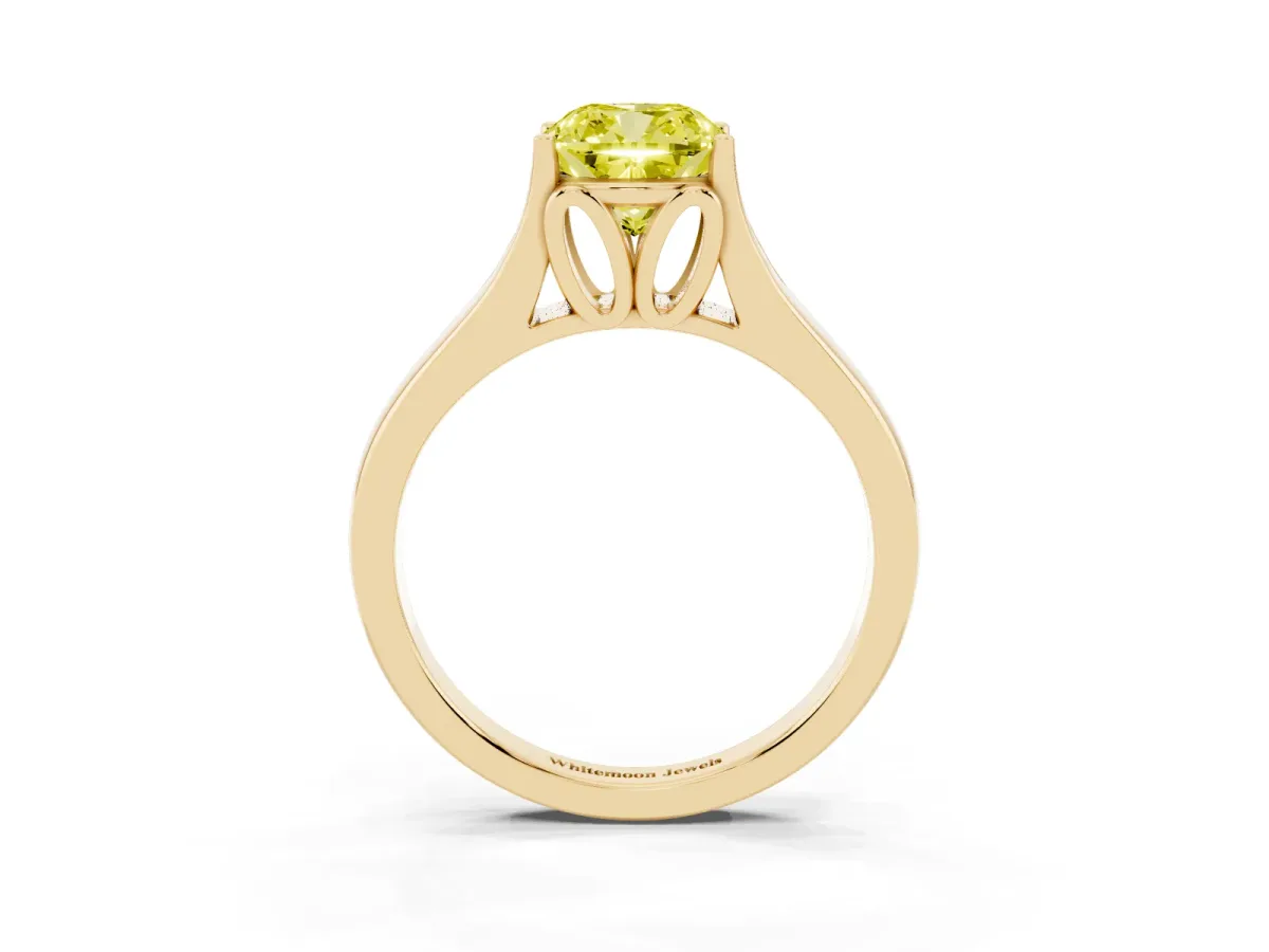 Fancy Yellow Cushion Cut Solitaire Diamond Ring with Cathedral Band and Four-Prong Setting Yellow gold