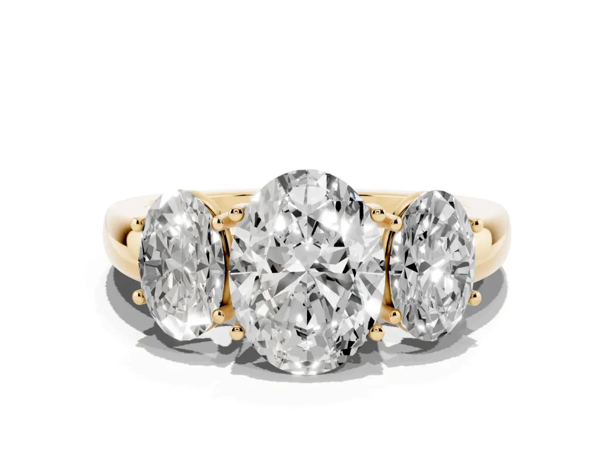 Oval Cut Diamond Three-Stone Ring with Four-Prong Setting and Classic Band Yellow gold