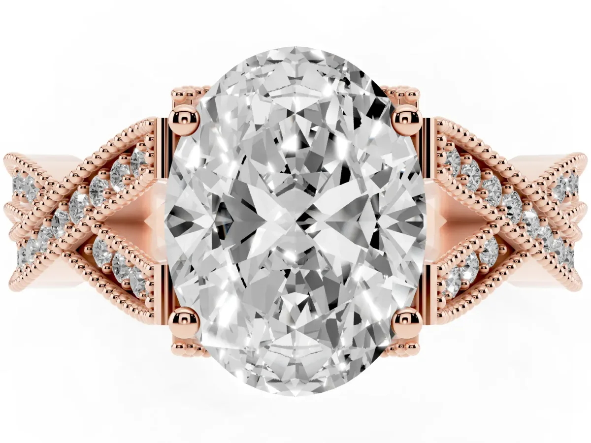 Oval Cut Cut Diamond Twisted Band with Milgrain Pave Setting and Four-Prong Setting Rose gold